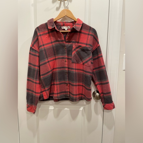 PINK ROSE Brushed Windowpane Plaid Long-Sleeve Flannel Shirt Sz M - Picture 6 of 8